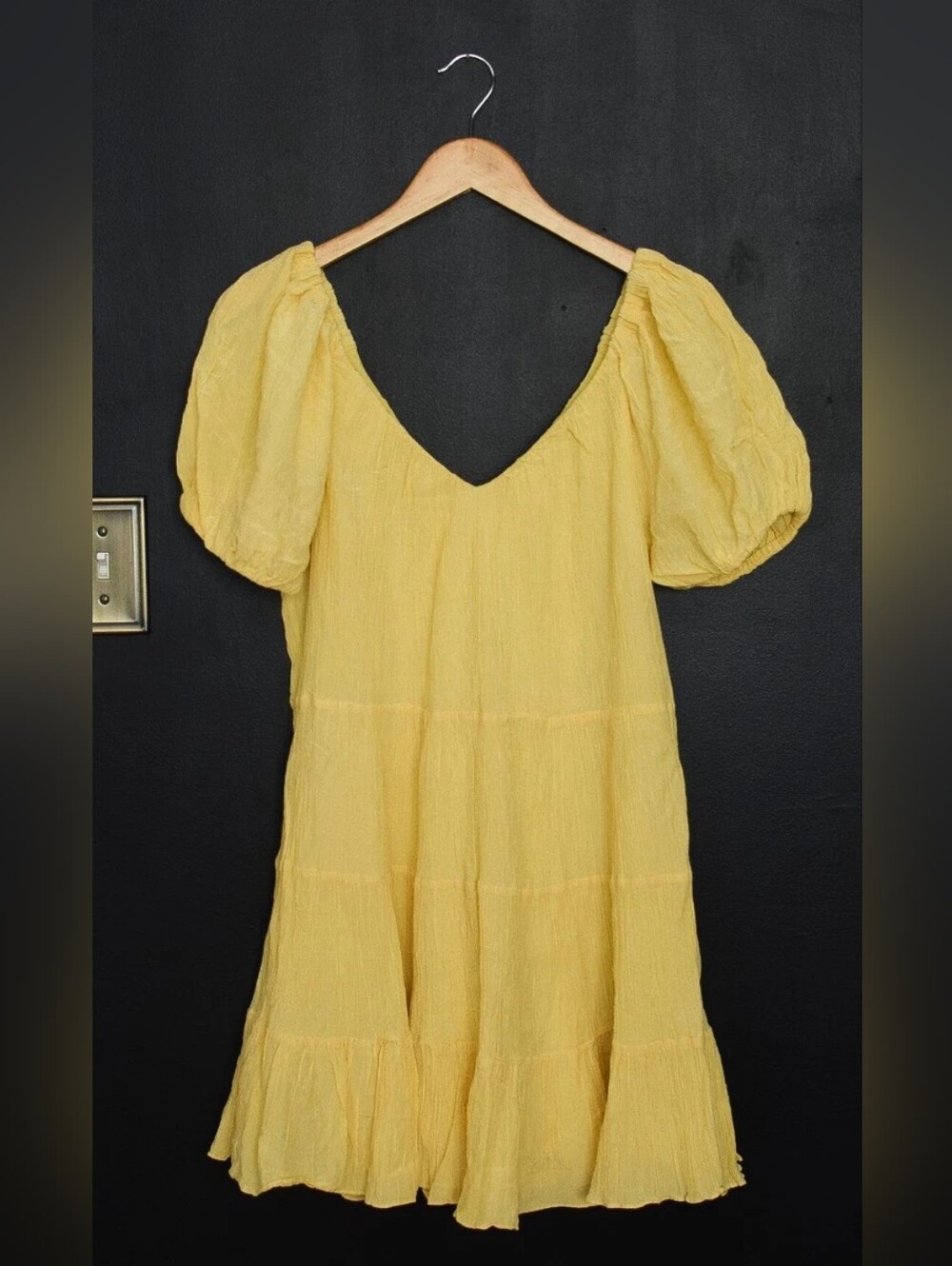 Rebecca Taylor Butter Yellow Silk Tiered Babydoll Mini Dress Puff Sleeve Size L - Picture 3 of 11